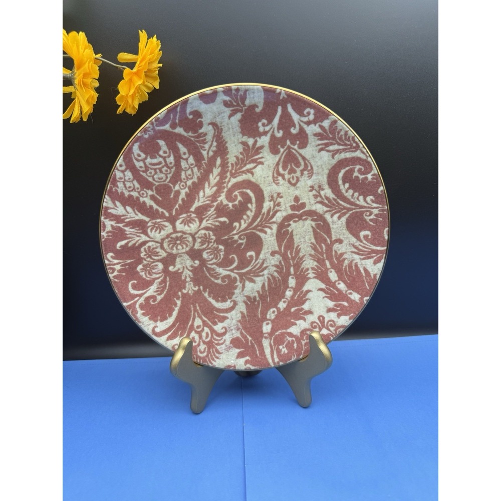 Pottery Barn Stella Damask Stoneware 8.5" Salad Plate with Gold Trim Blush red